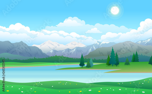 Beautiful landscape with lake, forest and mountains