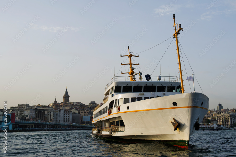 Ferry boat and Golden Horn and Galata Tower