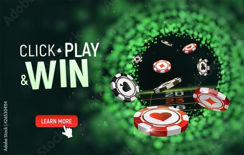 Online casino vector illustration. Black and red chips flying on blurred background. Click, play and win text