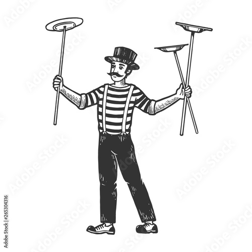 Circus juggler balancing plates on sticks performance sketch engraving vector illustration. Scratch board style imitation. Black and white hand drawn image.