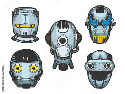 Cyborg robot metal heads set color sketch engraving vector illustration. Scratch board style imitation. Black and white hand drawn image.