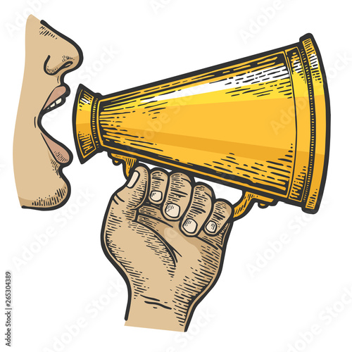 Man doing loudspeaker speech color sketch engraving vector illustration. Scratch board style imitation. Black and white hand drawn image.