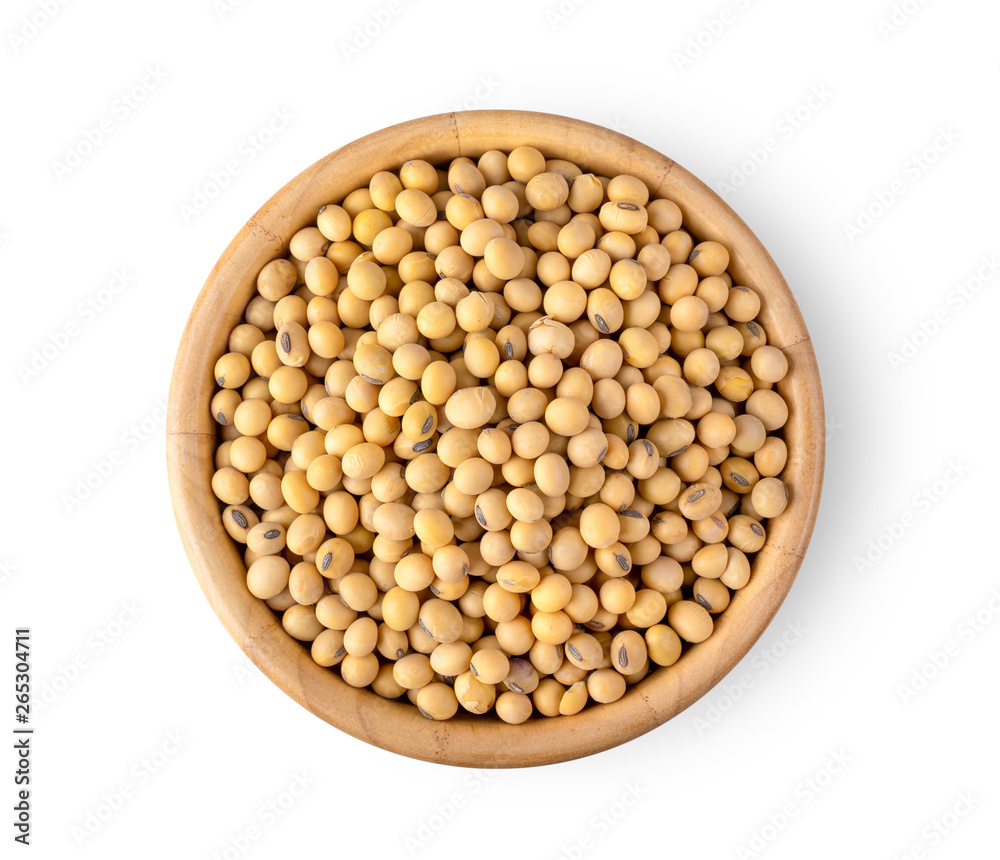 soybeans in wood bowl isolate on white background. top view soybeans in wood bowl isolate on white background. top view