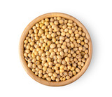 soybeans in wood bowl isolate on white background. top view