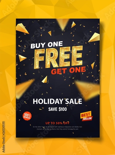 Buy one get one free dark brochure vector illustration. Best offer shopping leaflet template with golden triangles