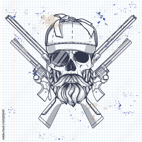 Sketch, skull with mustaches, hunter hat, guns and ribbon for text on a notebook page