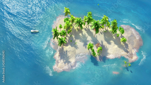 Sandy beach on a tropical island with coconut palms. A small sailboat by the shore. 