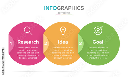 Vector infographic label template with icons. 3 options or steps. Research, idea and goal. Infographics for business concept. Can be used for info graphics, flow charts, presentations, web sites.