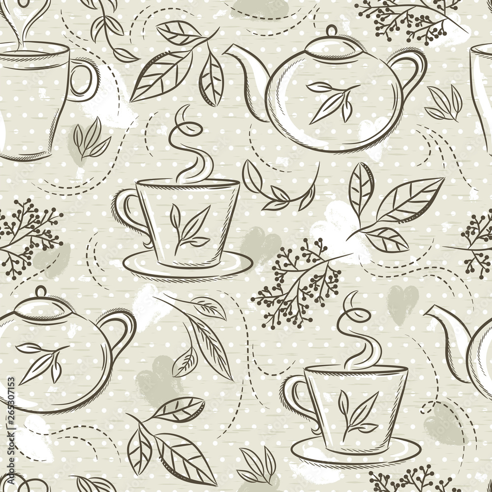 Beige seamless patterns with tea set, cup, tea pod, leafs, flower and text.Background with tea set. Ideal for printing onto fabric and paper or scrap booking.