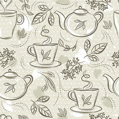 Fotobehang Thee patronen Beige theepatroon met theepot motief  © sunnyfrog