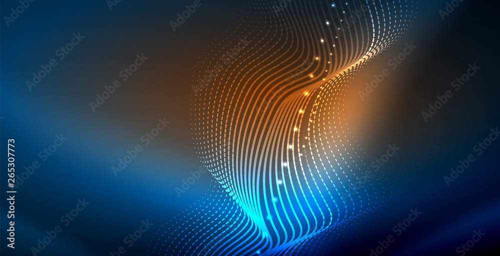 Glowing abstract wave on dark, shiny motion, magic space light. Vector techno abstract background Glowing abstract wave on dark, shiny motion, magic space light. Vector techno abstract background
