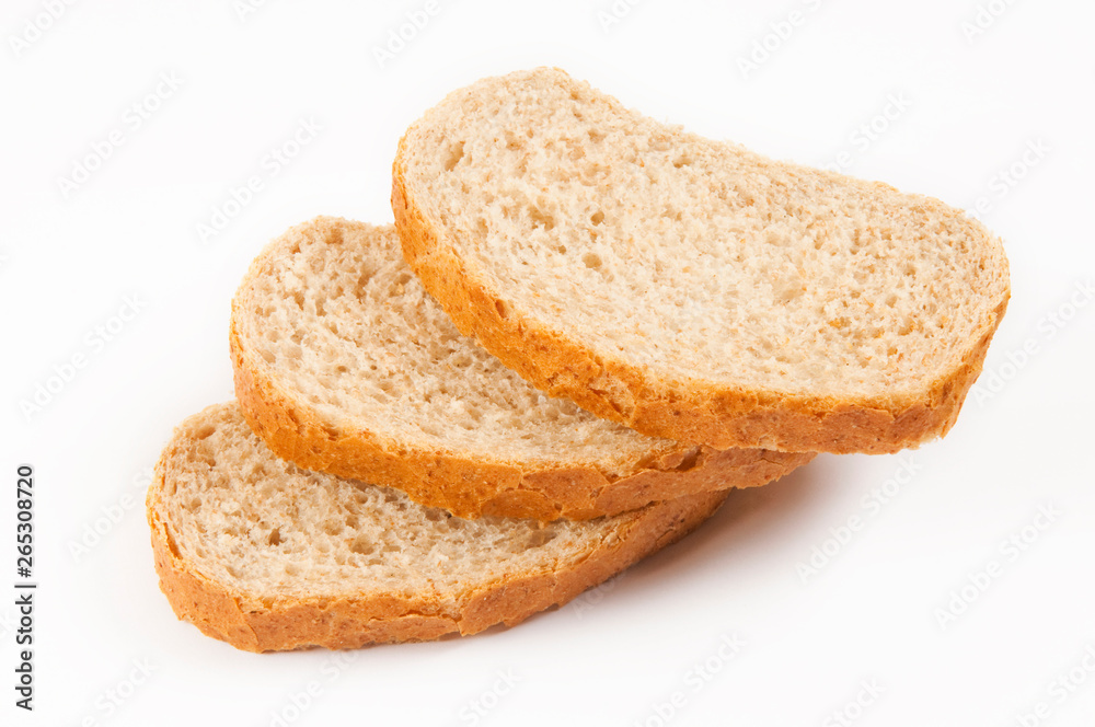 Slices of bread with bran on white background
