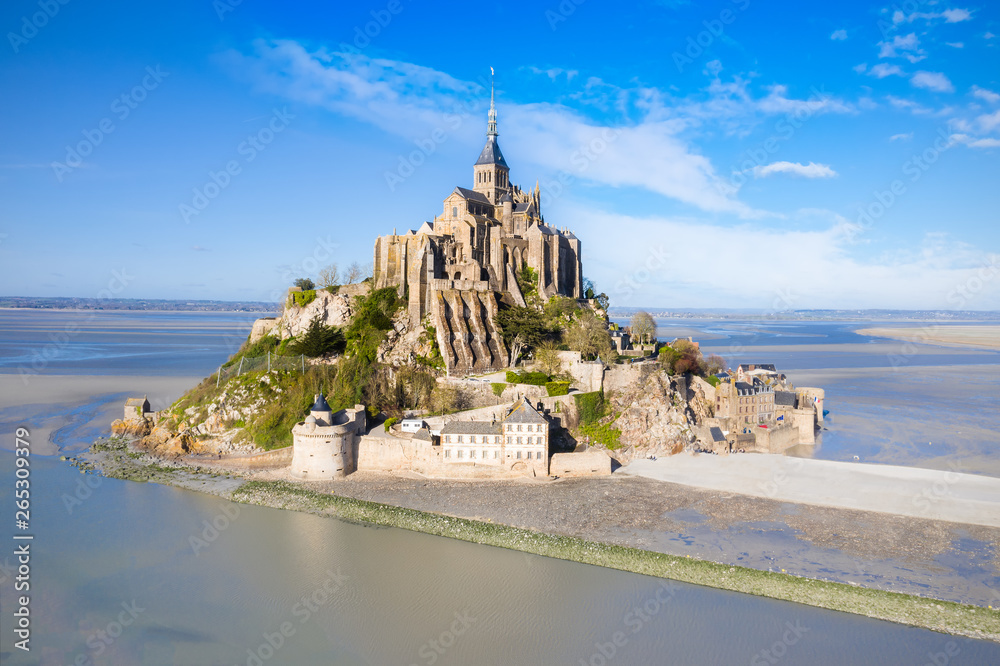 The famous of top view with blue sky at Mont-Saint-Michel, Normandy, France - obrazy, fototapety, plakaty 