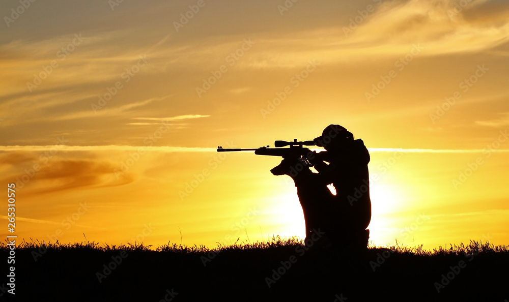 Silhouette of a girl with a rifle at sunset with a dog, a breed of Belgian Shepherd Malinois dog