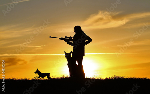 Silhouette of a girl with a rifle at sunset and two dogs, a breed of Belgian Shepherd dog Malinois and a miniature pinscher