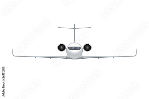 Flying airplane, regional jet aircraft, airliner. Front view of detailed passenger air plane isolated on white background. Vector illustration
