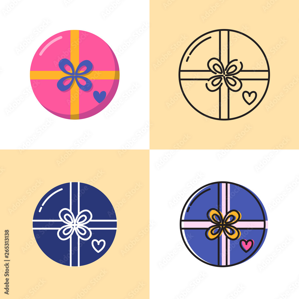 Round gift box icon set in flat and line styles Round gift box icon set in flat and line styles