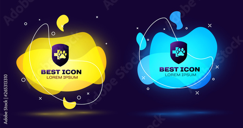 Black Animal health insurance icon isolated. Pet protection icon. Dog or cat paw print. Set of liquid color abstract geometric shapes. Vector Illustration
