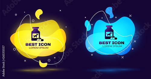 Black Dog medicine bottle and pills icon isolated. Container with pills. Prescription medicine for animal. Set of liquid color abstract geometric shapes. Vector Illustration