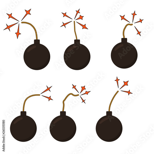 A set of vector drawings of grenades in the shape of a ball with wicks and sparks in the form of stars