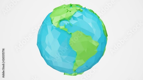 3D animation rotated low poly earth with alpha channel, globe illustration. Polygonal globe isolated on white background, low poly style animation. Rotating earth. Loop-able seamless 4K animation