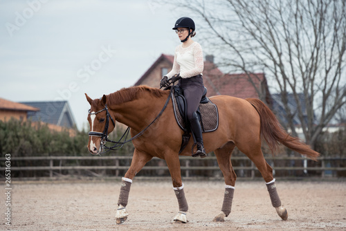 Reiterin reiter ihr Pferd auf dem Reitplatz warm © Talitha