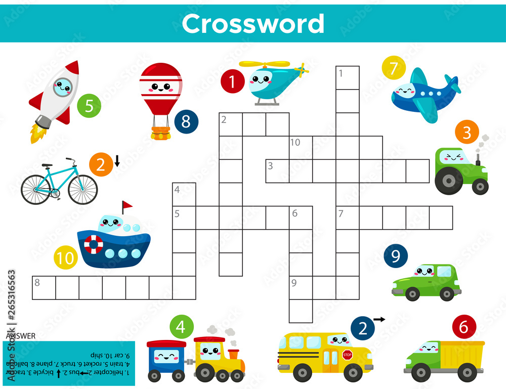 Crossword puzzle game of kawaii transports. For preschool kids activity  worksheet. Study English words. Vector cartoon illustration. Stock Vector |  Adobe Stock