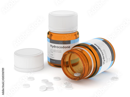 3d render of hydrocodone bottles with pills photo