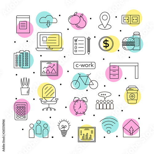 Working space line icons set