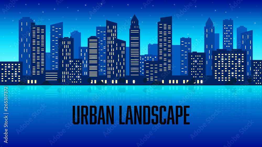 Night city, urban view flat vector illustration.