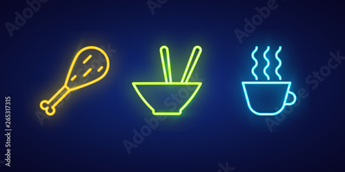 Neon food icons on dark background.