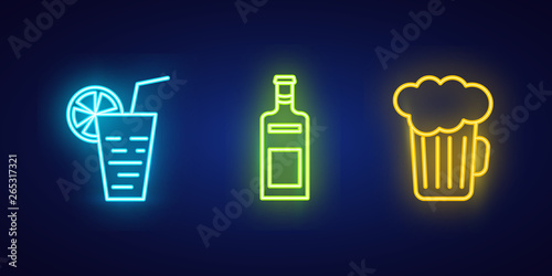 Neon food icons on dark background.