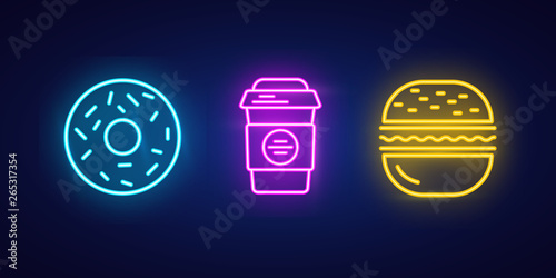 Neon food icons on dark background.