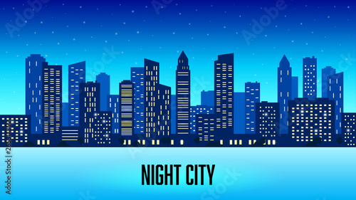 Night city, neon urban view flat vector illustration.