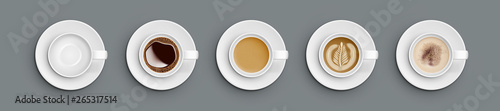 Realistic White Cups With Coffee. Top View