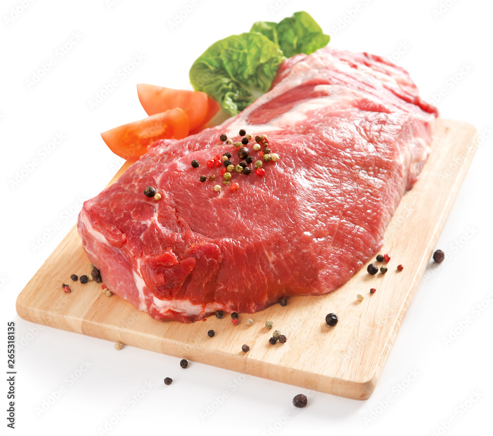Pork neck. Raw pork meat with salad isolated Pork neck. Raw pork meat with salad isolated