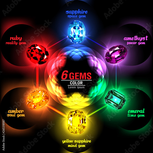 6 Gems on Abstract Color background. Vector illustration photo