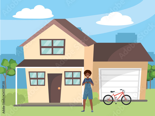 Millenial in house front porch background