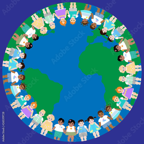 bright emblem depicting children holding each other's hands around the globe, a symbol of friendship between the people photo