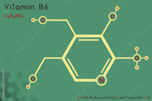 Large and detailed infographic of the molecule of Vitamin B6.