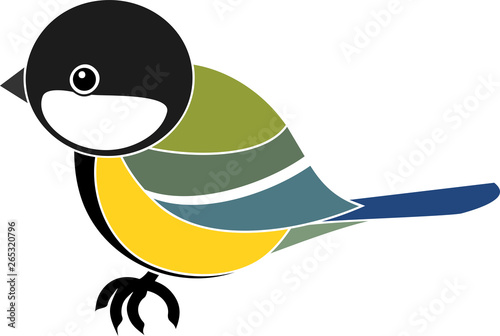 Stylized Great tit (Parus major) in flat style isolated on white background