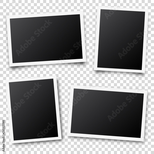 Photo card frame,film set. Retro vintage photograph with shadow. Digital snapshot image. Photography art. Template or mockup for design. Vector illustration.