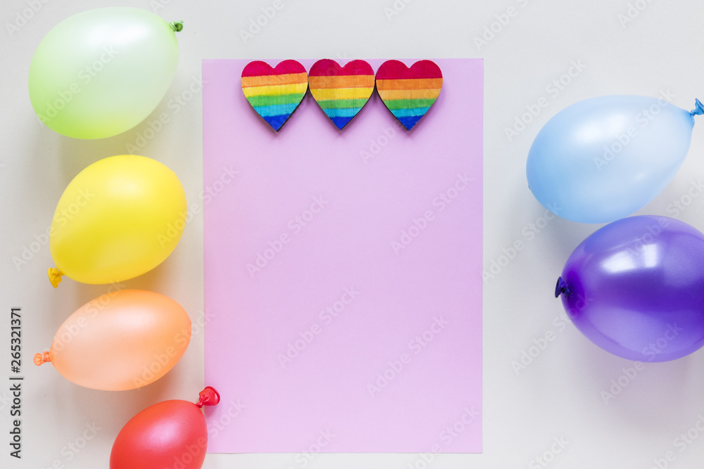 Naklejka Rainbow hearts with paper and air balloons