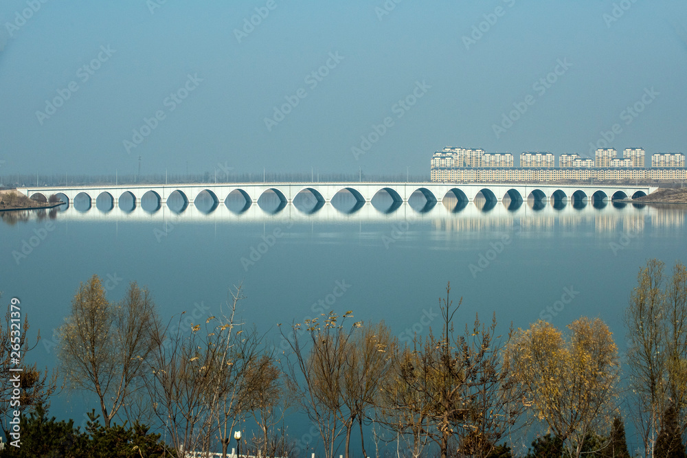 Fototapeta premium Chinese Bridge Architecture, Round-hole Bridge Scenery on Rivers