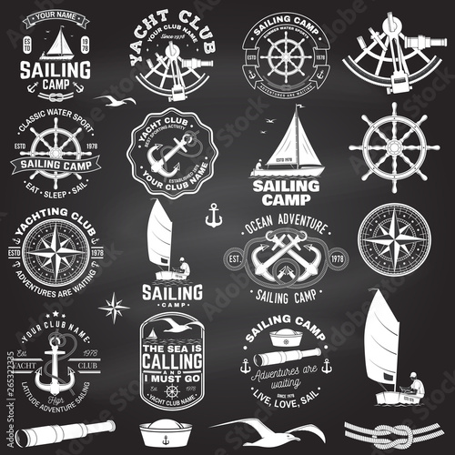 Set of sailing camp and yacht club badge. Vector. Concept for shirt, print or tee. Vintage typography design with black sea anchors, hand wheel, compass and sextant silhouette.