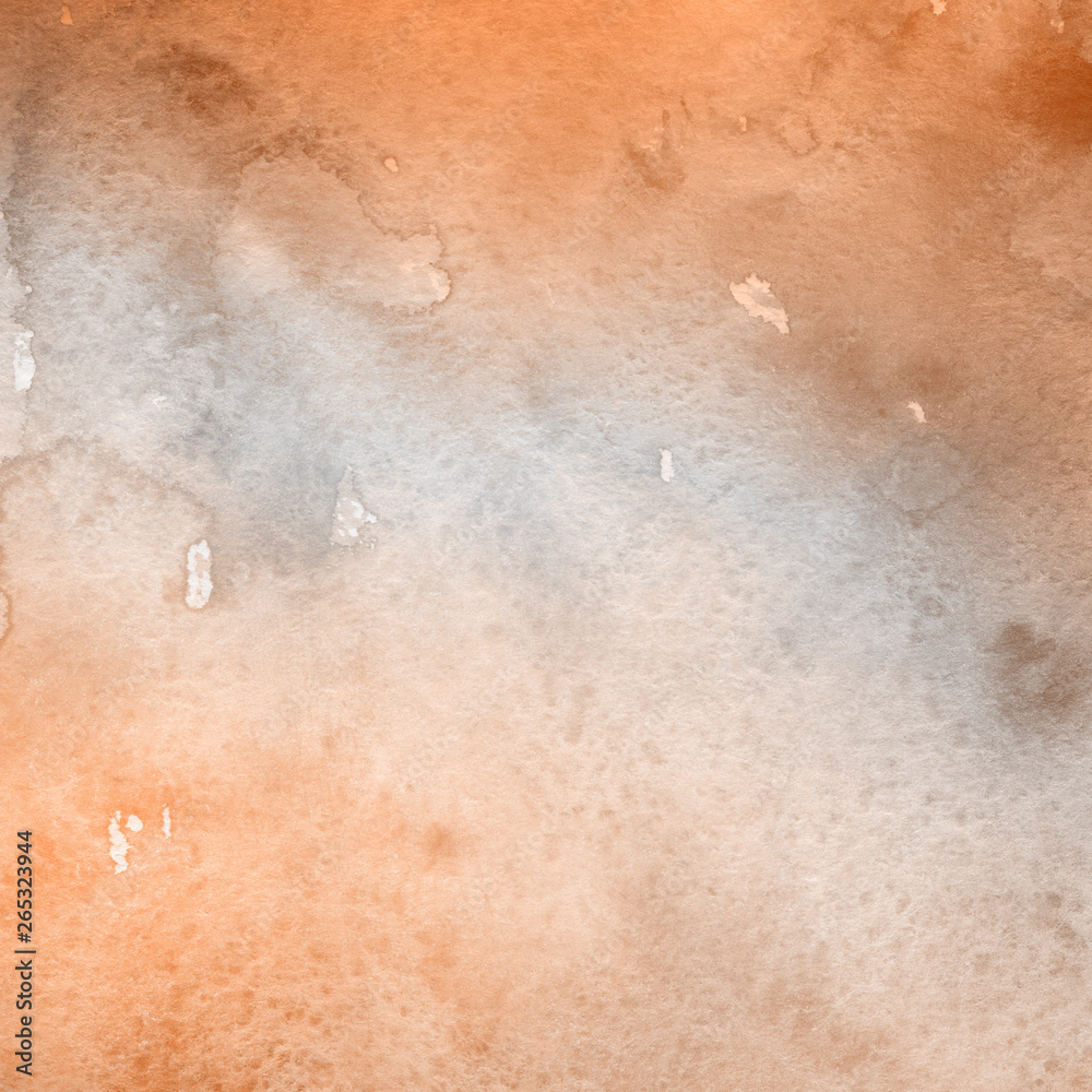 Fototapeta premium Orange with brown ink and watercolor textures on white paper background. Paint leaks and ombre effects. Hand painted abstract image.