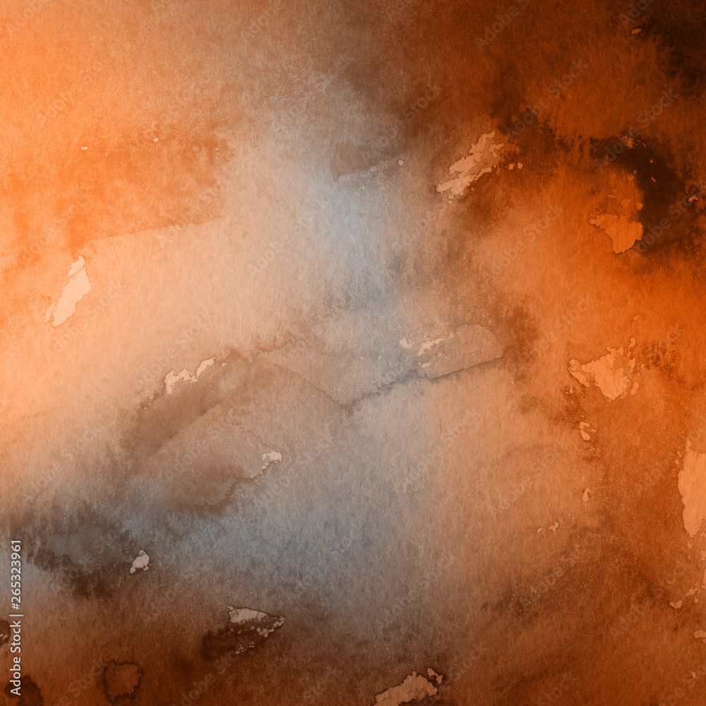 Fototapeta premium Orange with brown ink and watercolor textures on white paper background. Paint leaks and ombre effects. Hand painted abstract image.