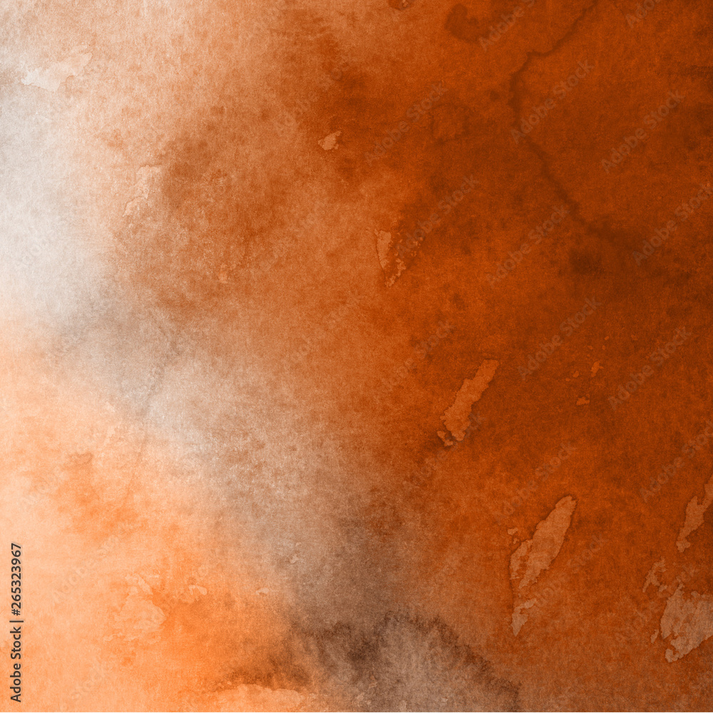 Fototapeta premium Orange with brown ink and watercolor textures on white paper background. Paint leaks and ombre effects. Hand painted abstract image.