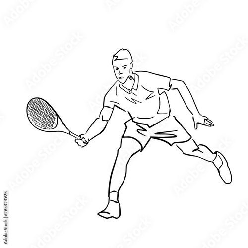 Male tennis player with racket. Isolated black contour. Vector graphic illustration. Abstract hand drawn silhouette. Line drawing. Man playing tennis. Athlete in active pose. Professional sport, hobby