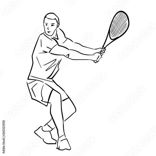Male tennis player with racket. Isolated black contour. Vector graphic illustration. Abstract hand drawn silhouette. Line drawing. Man playing tennis. Athlete in active pose. Professional sport, hobby © NS